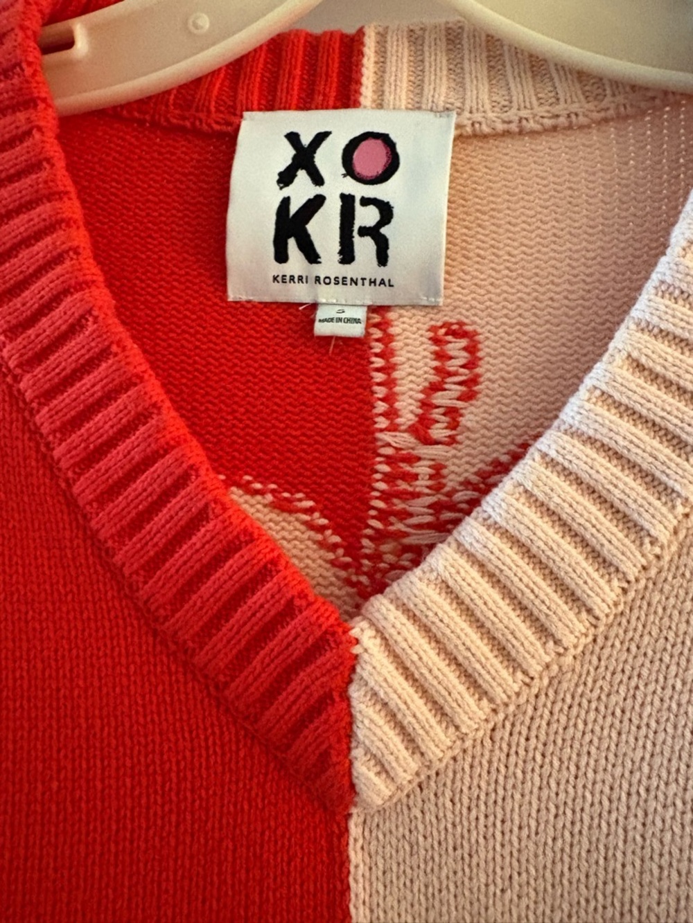 Kerri Rosenthal Colorblock V-Neck Sweater - Coral & Light Pink Radiant Heart S